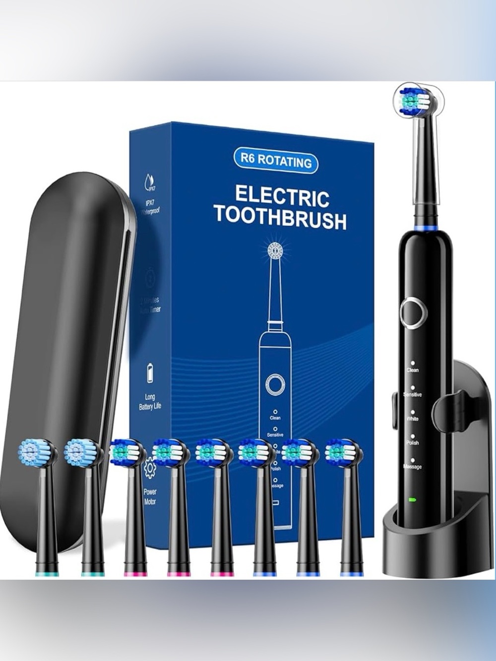 Rotating Electric Toothbrush for Adults, 8 Brush Heads (2 Types) & Travel Case